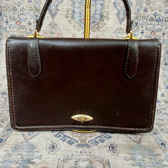 Vintage 50s Del Taglia Italian Leather Top Handle Bag Brown Structured Handbag - Picture 2 of 14
